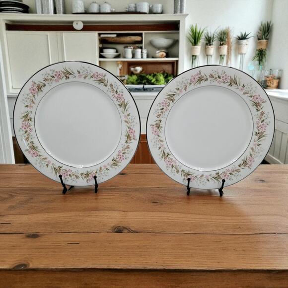 Noritake Mayflower 10 1/2" Dinner Plates 2351 Pink Blue Flowers Silver Set of 2 - Picture 1 of 9